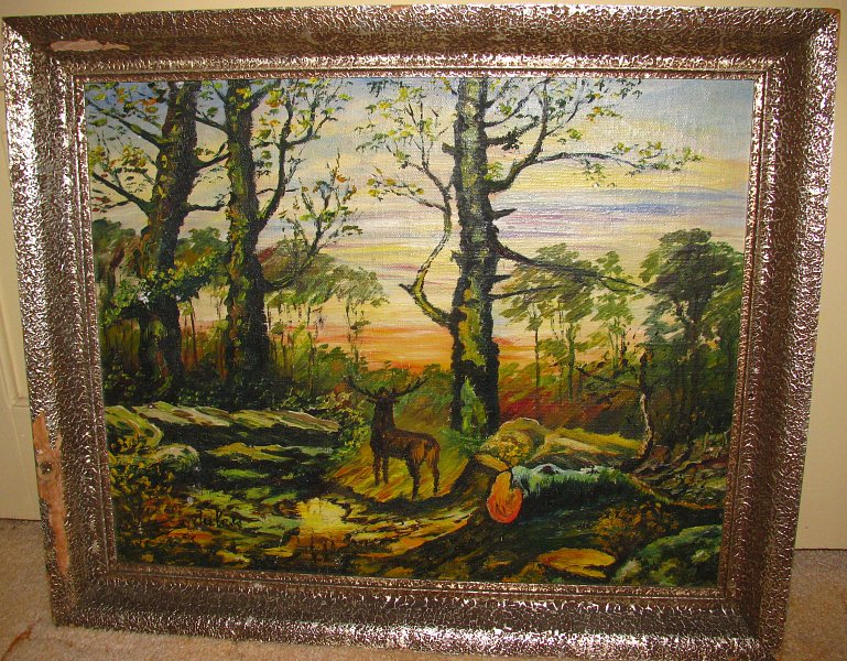 starý obraz jelen, plátno, olej, 48x58 cm